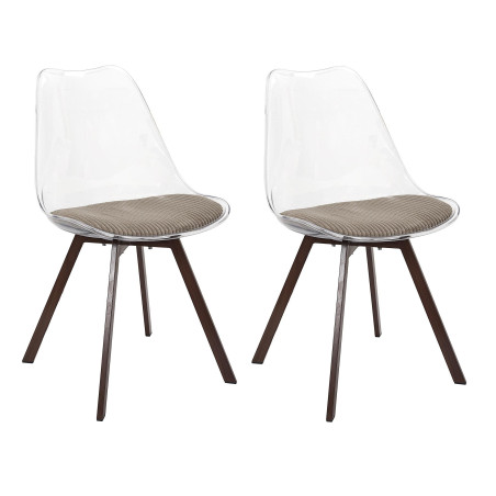 Lot de 2 Chaises Coque Transparente avec Coussin Velours Cotelé Taupe rembourré - Piètement métal effet Bois Foncé