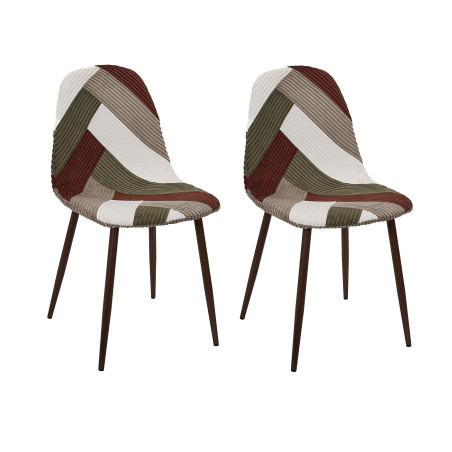 Lot de 2 Chaises en Velours Côtelé Patchwork Vintage - Vert + Terracotta + Blanc + Taupe - Piètement en Métal Couleur Noyer