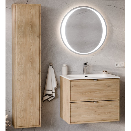 Ensemble Complet Meuble Vasque 60 cm + Vasque + Miroir LED + Colonne - L 60 x P 46 x 51,5 cm - Caldera Clair