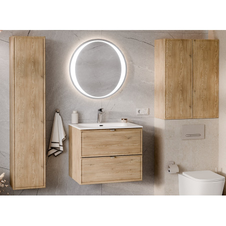 Ensemble Complet Meuble Vasque 60 cm + Vasque + Miroir LED + Colonne + 2 meubles hauts - Caldera Clair