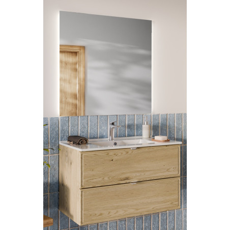 Ensemble Meuble Vasque 80 cm + Vasque encastrée + Miroir LED assorti - L 80 x P 46 x 51,5 cm - Caldera Clair