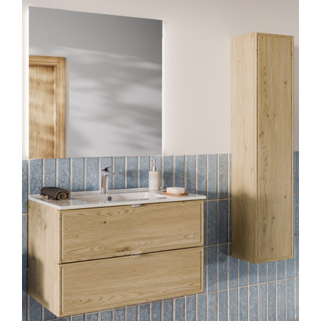 Ensemble Complet Meuble Vasque 80 cm + Vasque + Miroir LED + Colonne - L 80 x P 46 x 51,5 cm - Caldera Clair