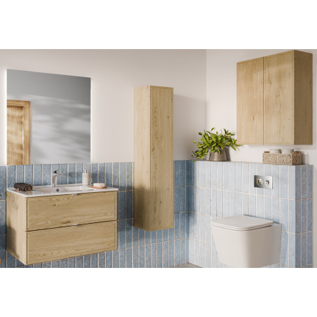 Ensemble Complet Meuble Vasque 80 cm + Vasque + Miroir LED + Colonne + 2 meubles hauts - Caldera Clair