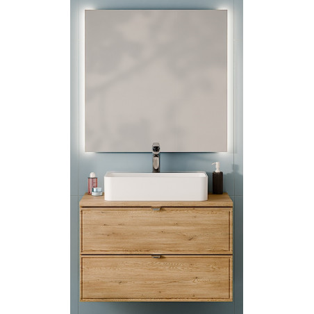 Ensemble Meuble Vasque 80 cm + Plateau + Vasque posée + Miroir LED assorti - L 80 x P 46 x 52,5 cm - Caldera Clair