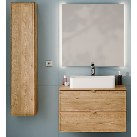 Ensemble Complet Meuble Vasque 80 cm + Plateau + Vasque + Miroir LED + Colonne - L 80 x P 46 x 51,5 cm - Caldera Clair