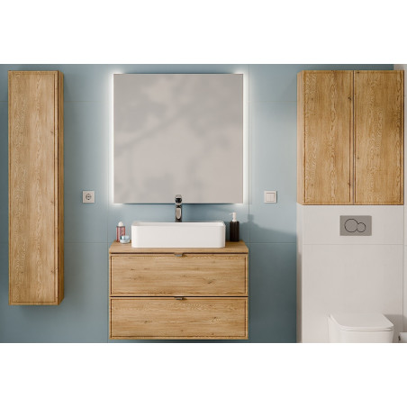 Ensemble Complet Meuble Vasque 80 cm + Plateau + Vasque + Miroir LED + Colonne + 2 meubles hauts - Caldera Clair