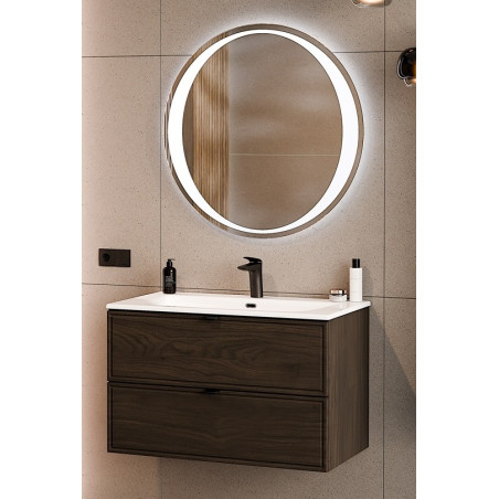 Ensemble Meuble Vasque 80 cm + Vasque encastrée + Miroir LED assorti - L 80 x P 46 x 51,5 cm - Caldera Foncé