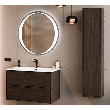 Ensemble Complet Meuble Vasque 80 cm + Vasque + Miroir LED + Colonne - L 80 x P 46 x 51,5 cm - Caldera Foncé