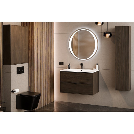 Ensemble Complet Meuble Vasque 80 cm + Vasque + Miroir LED + Colonne + 2 meubles hauts - Caldera Foncé