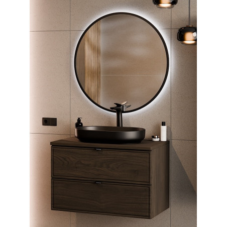 Ensemble Meuble Vasque 80 cm + Plateau + Vasque posée + Miroir LED assorti - L 80 x P 46 x 52,5 cm - Caldera Foncé