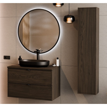 Ensemble Complet Meuble Vasque 80 cm + Plateau + Vasque + Miroir LED + Colonne - L 80 x P 46 x 51,5 cm - Caldera Foncé