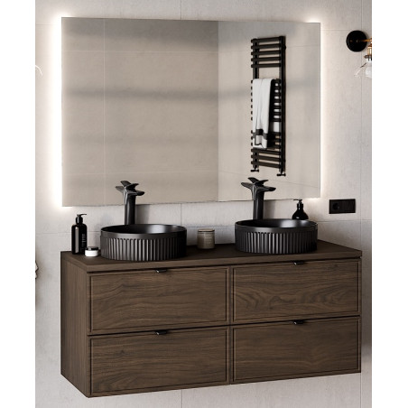 Ensemble Salle de Bain 120 cm + Plateau + Double Vasques Noires + Miroir LED - Caldera Foncé