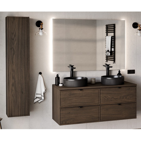 Ensemble complet Salle de Bain 120 cm + Plateau + Double Vasques Noires + Miroir + Colonne - Caldera Foncé