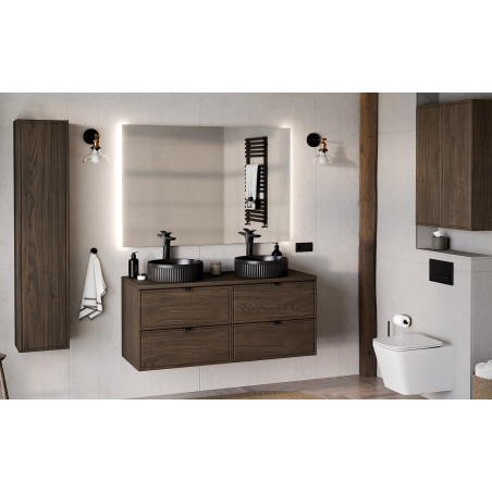 Ensemble complet Salle de Bain 120 cm + Plateau + Double Vasques Noires + Miroir + Colonne + 2 meubles hauts - Caldera Foncé