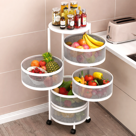 Resserre 5 paniers rotatifs sur roues en acier blanc | H 90 cm x D 30 cm | Etagère de rangement cuisine, salle de bain