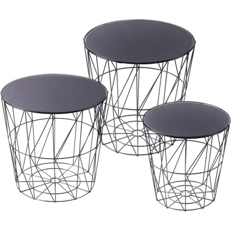 Lot de 3 Tables d'appoint Filaires Bout de Canapé en Métal et Verre - Noir - Emboitables