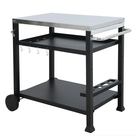 Desserte à Plancha et Barbecue Roulante d'Extérieur en Acier - 2 roues + Poignée + Accessoires - 101 x 64 cm
