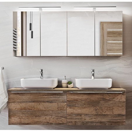 Ensemble salle de bain double vasques blanches 160 cm + cabinets miroirs - Rosario Oak