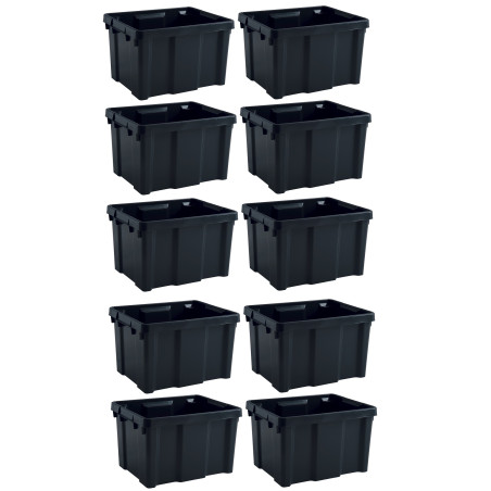 Lot de 10 bacs de Rangement Professionnels 30L Fabrication Française - Noir - Superposables Emboitables