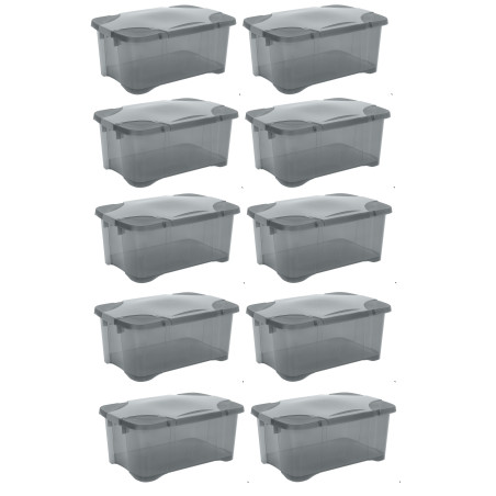 Lot de 10 coffres rangement 30L avec Couvercle à Charnières - Gris - Fabrication Française