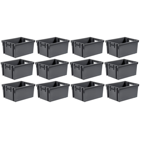 Lot de 12 Bacs de manutention 10L Superposables Gris - Plastique Solide - Origine France