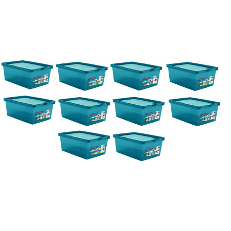 Lot de 10 Boites de rangement 10L avec couvercle clipsé - Bleu canard acidulé - origine france