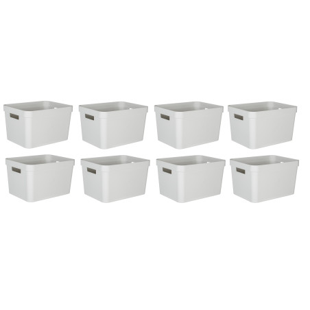 Lot de 8 bacs de rangements 30L Plastique Fabriqués en France - Blanc cérusé décor Stone