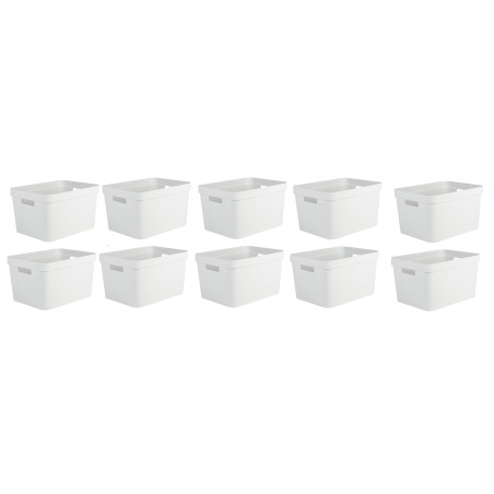 Lot de 10 bacs de rangements 18L Plastique Fabriqués en France - Blanc cérusé décor Stone