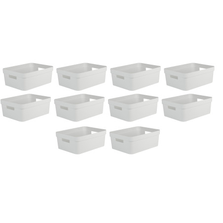 Lot de 10 bacs de rangements 12L Plastique Fabriqués en France - Blanc cérusé décor Stone