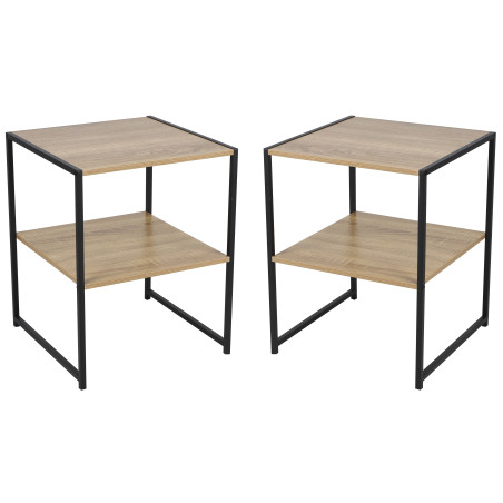 Lot de 2 tables de chevet 2 niveaux - Métal noir et bois - Style industriel