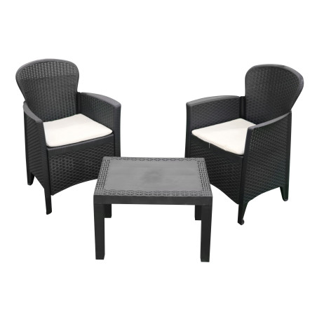 Salon de Jardin 2 Fauteuils + 1 Table Basse + Coussins - Plastique Résine Tréssée - Mobilier Extérieur