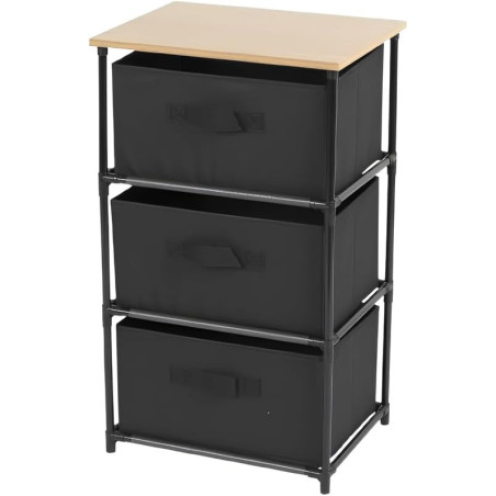 Étagère de rangement 3 tiroirs tissu - Structure métal et plateau bois - Noir