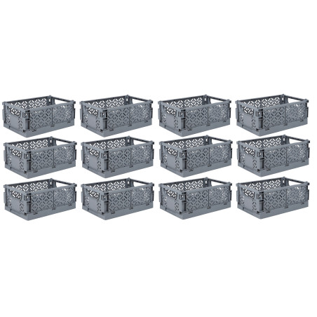 Lot de 12 paniers de rangement pliables avec poignées - Gris - 23,5 x 35 x H 14 cm