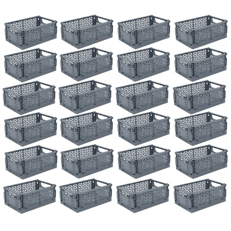 Lot de 24 paniers de rangement pliables avec poignées - Gris - 16,5 x 25 x H 10 cm