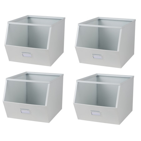 Lot de 4 bacs de rangement métal superposables avec porte-étiquette - Blanc