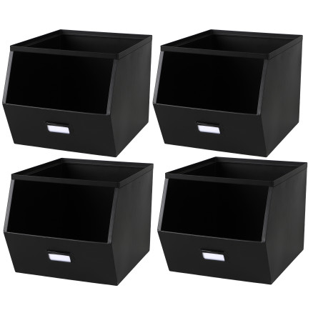Lot de 4 bacs de rangement métal superposables avec porte-étiquette - Noir