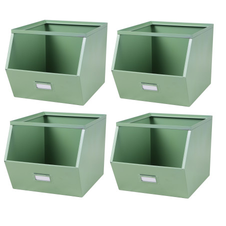 Lot de 4 bacs de rangement métal superposables avec porte-étiquette - Vert sauge