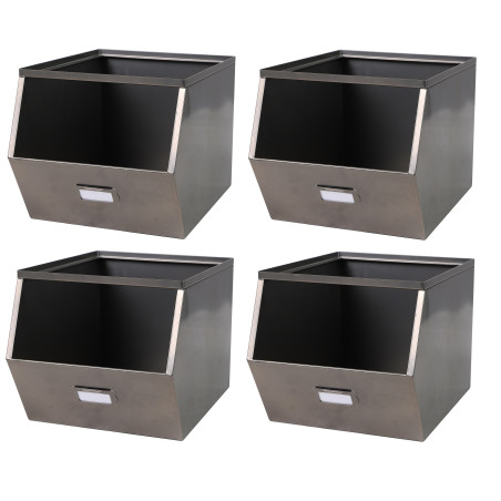 Lot de 4 bacs de rangement métal superposables avec porte-étiquette - Gris métallisé