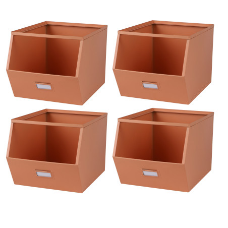 Lot de 4 bacs de rangement métal superposables avec porte-étiquette - Saumon