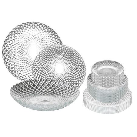 Service de table 18 pièces en verre effet rosaces diamants - Assiettes Toutes en Verre