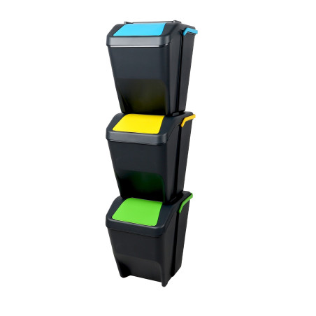 Lot de 3 poubelles de tri empilables 25 L - Bleu + Jaune + Vert - 75L de recyclage
