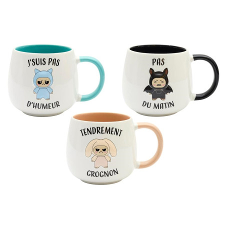 Lot de 3 Mugs Céramique Relief 40 cl Motifs Humoristiques Gromimis - Anse Colorée
