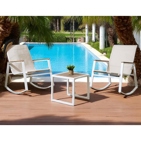 Salon de Jardin 3 Pièces Métal Blanc + Bois | 2 Fauteuils à Bascule + Table Basse