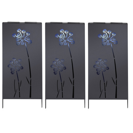 Lot de 3 Panneaux Occultants à Planter en Métal - Eclairage d'ambiance Blanc Froid Solaire Motif Floral - 50 x H 118 cm