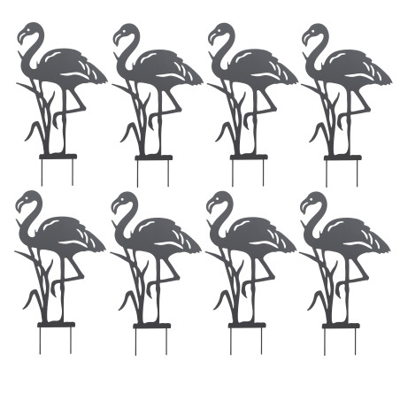 Lot de 8 Décorations de Jardin Flamant Rose en Métal Noir à Planter 37 x 66 cm