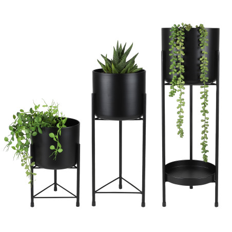 Lot de 3 Cache-Pots sur Pied Métal Noir Design Moderne