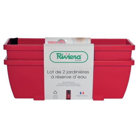 Jardinière à réserve d'eau Hydrosystem Eva 57cm - 13L - 56,5 x 18,5 x 25,5 cm - Rouge - Lot de 2 - Fabrication Française