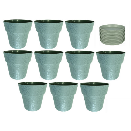 Lot de 10 pots de fleurs 13cm Fabriqués en France + Soucoupes assorties - Vert argile