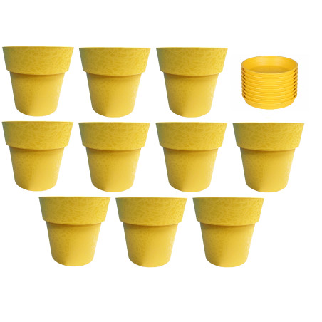 Lot de 10 pots de fleurs 13cm Fabriqués en France + Soucoupes assorties - Jaune
