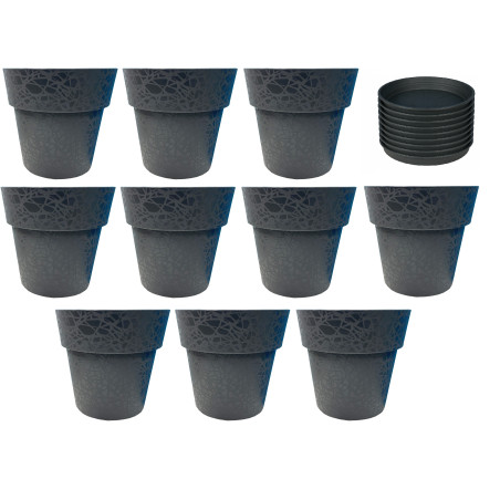 Lot de 10 pots de fleurs 13cm Fabriqués en France + Soucoupes assorties - Noir